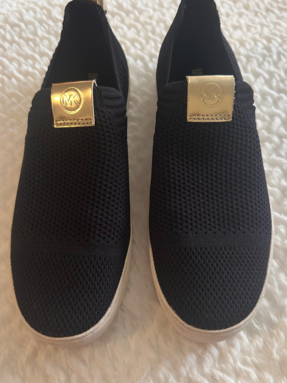 Michael Kors Black Knit Slip-On Sneakers with Gold Logo Tab